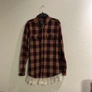 Boutique Flannel shirt with lace, and elbow patch.